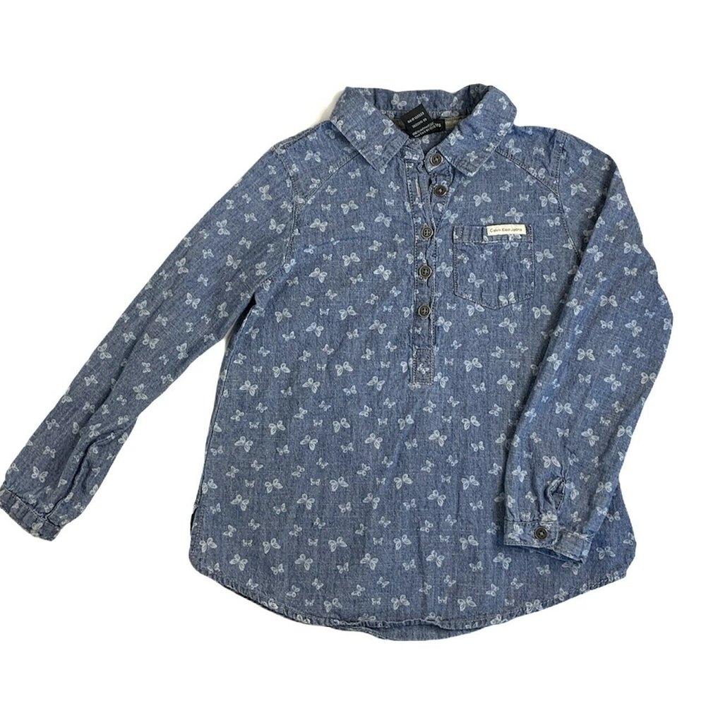 CALVIN KLEIN Girl's‎ Long Sleeve Blue Chambray Butterflies Blouse Top Shirt Sz 6